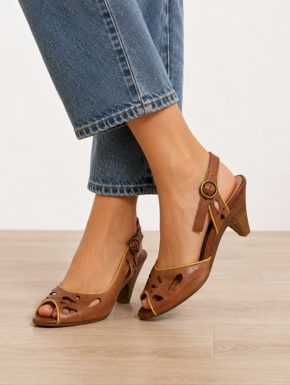 Miz Mooz Brown Leather Peep Toe Slingback Heels Size 7.5